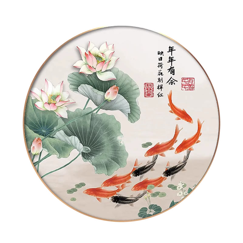 5d年年有余钻石画2026新款圆形荷花九鱼图中式玄关贴钻十字绣餐厅