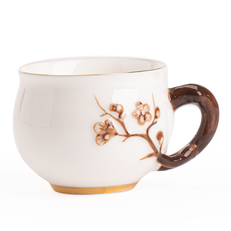 羊脂玉瓷浮雕梅花主人杯大号功夫茶杯陶瓷品茗杯带手把家用喝茶杯