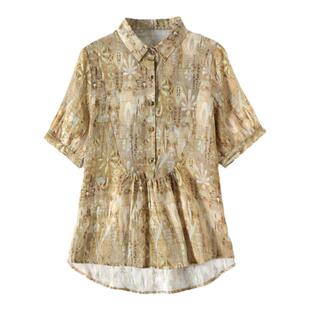 夏新款文艺复古苎麻印花衬衫女短袖T恤宽松显瘦麻料衬衣百搭上衣