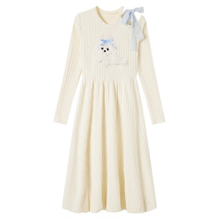 织物猪 甜欲小狗 甜美减龄杏白色连衣裙女小个子秋冬露肩花苞短裙