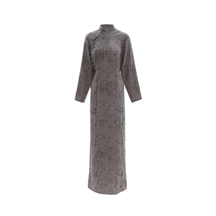 APOZi collection/镜水浮金/新中式斜襟高开叉旗袍复古印花长裙