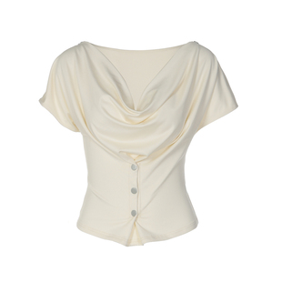 ins博主同款南法度假风荡领短袖上衣一衣多穿纯色高级感收腰T恤潮