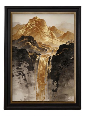 金山流水中古风装饰画客厅纯手绘油画玄关新中式挂画靠山壁画高级