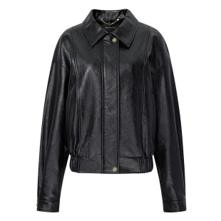 BCBG25秋冬新款黑色环保皮革外套女复古简约通勤美式夹克外套