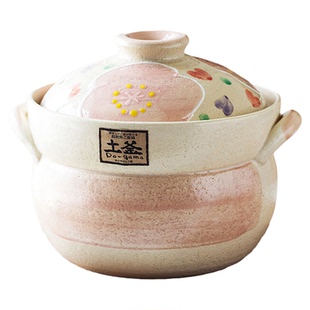 日本进口万古烧陶土锅砂锅手绘山茶花深型双盖焖煮米饭锅熬粥锅子