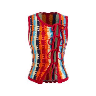 CIDER针织无袖背心钩花领条纹拼色针织马夹114677852