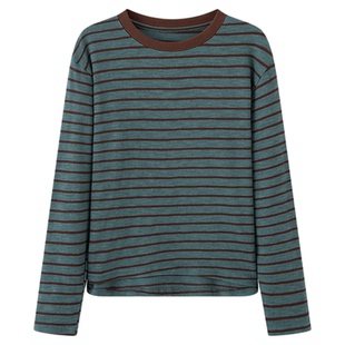 画风drawwind条纹长袖T恤女2026春秋新款通勤百搭圆领打底衫上衣