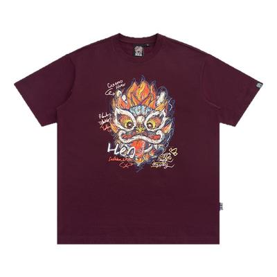 HEA 经典国潮素描醒狮撞色短袖T恤国风狮子头圆领纯棉透气情侣款