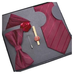 5件套酒红黑领带男结婚婚礼新郎领结方巾领带夹高级感拉链式免打