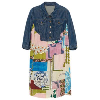 谜底复古牛仔拼接连衣裙秋款宽松H型主题花色中长裙233ML1061