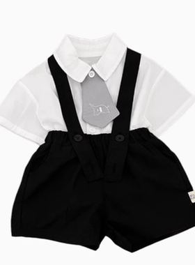 婴儿衣服夏小月龄男宝韩系穿搭少爷服百天周岁小孩衬衫背带裤套装
