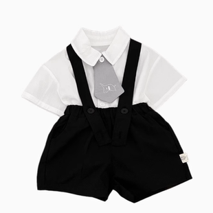 婴儿衣服夏小月龄男宝韩系穿搭少爷服百天周岁小孩衬衫背带裤套装