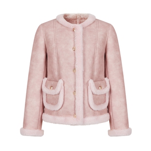 MOISSAC摩萨克冬绒毛绵羊毛复古摩登机车风拼接外套上衣女