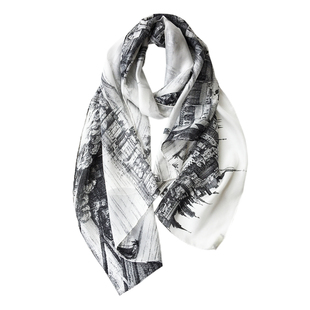 【巴黎塞纳河畔】艺术素描风100%桑蚕丝人字纹真丝长款丝巾围巾女