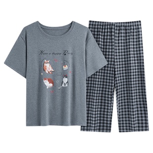 夏季短袖格子睡衣套装自带胸垫一体七分裤大码女家居服防凸点卡通