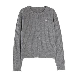 【100%绵羊毛】ELLE灰色格雷系绞花针织开衫女2025冬新款休闲毛衣