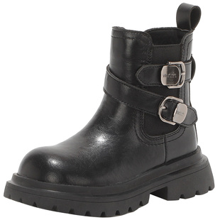 舞玛女童鞋子儿童短靴2025新款冬季女孩加绒二棉黑色皮带扣马丁靴