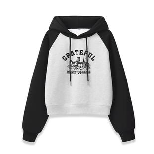 真维斯短款卫衣女美式黑色撞色插肩袖2026新款春季小个子连帽衣服