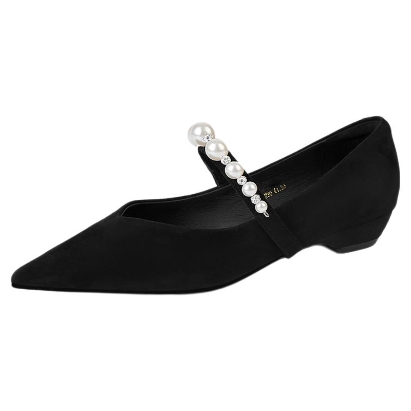 星期六法式复古珍珠一字带玛丽珍鞋女尖头粗跟软底不累脚女单鞋