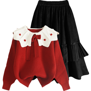 小香风女童红色拜年服2026冬季新款儿童毛衣黑色半身长裙两件套装