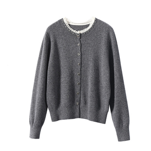 淘么淘 美貌度满芬！纯羊毛蕾丝花边钉珠圆领针织开衫毛衣女新款