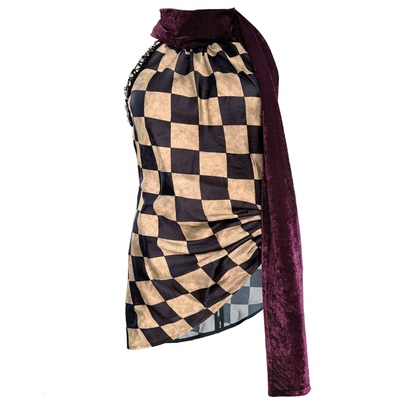 做旧晕染棋盘格挂脖上衣收腰露肩