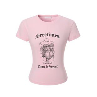 threetimes2025巨好看粉色印花短袖t恤女款时尚上衣洋气时髦减龄