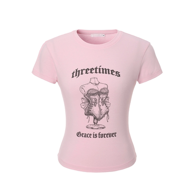 threetimes2025巨好看粉色印花短袖t恤女款时尚上衣洋气时髦减龄