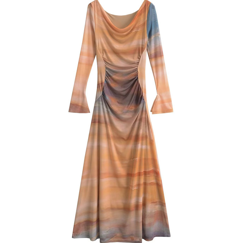 棉洋小众设计款褶皱收腰油画气质长款连衣裙高个气场网纱荡领长裙