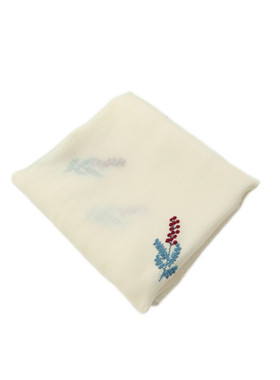 薄款精致半透明 奶白色+红蓝花朵刺绣天丝麻涤麻面料旗袍汉服布料