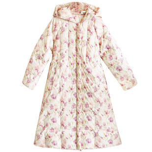 【雪绒花】长款过膝印花羽绒服女冬季连帽加厚保暖白鸭绒系带外套