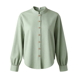 豆绿色磨毛立领衬衫女2026年春季新款衬衣极简百搭叠穿气质上衣