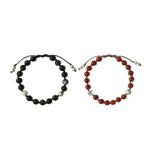 飒米黑曜石红玛瑙磨砂925银珠天然石编织手串原创设计小众可调节