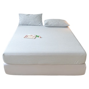 ins纯色简约小格子水洗棉单床笠席梦思床垫保护套床笠枕套三件套3