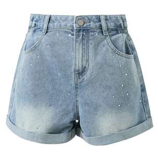 ibudu2025夏季新款烫钻翻边牛仔短裤时髦热裤宽松直筒裤女