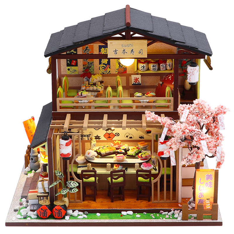 日式diy小屋寿司店手工木质店铺房子场景建筑模型拼装送生日礼物