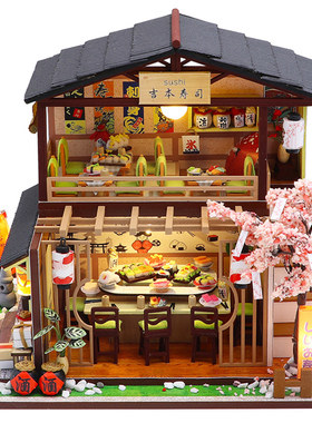 日式diy小屋寿司店手工木质店铺房子场景建筑模型拼装送生日礼物