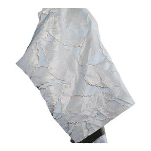 浅蓝树叶金丝复古立体浮雕提花布料旗袍连衣裙居家服装设计师面料