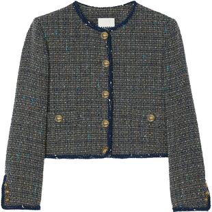 SANDRO秋冬女装法式复古蓝灰色饰边金色单排扣圆领短款花呢外套