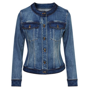 朗姿25棉质圆领收腰短款牛仔外套复古水洗时尚通勤风冬季新款女