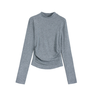 ousph 柔软时光 半高领针织打底衫女气质修身收褶长袖内搭T恤上衣