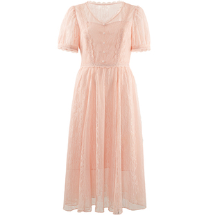 衣纱布菲樱司 粉色仙女连衣裙夏装女收腰v领少女蕾丝裙