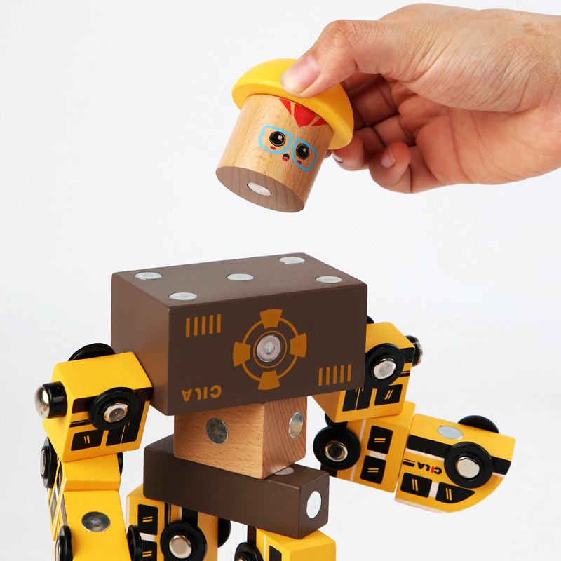 木制小火车玩具轨道车磁性工程车百拼搭拼装创意积木diy变机器人
