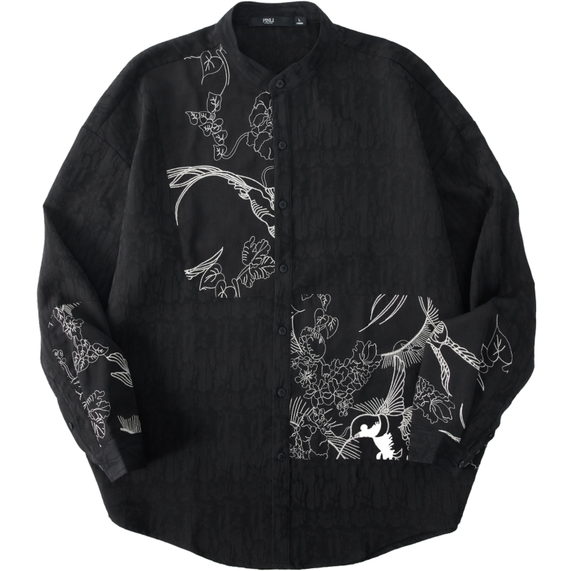 PINLI品立春季新款新中式立領(lǐng)刺繡襯衫男士拼接長袖國潮休閑襯衣