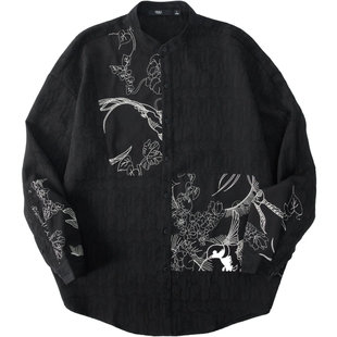 PINLI品立秋季新款新中式立领刺绣衬衫男士拼接长袖国潮休闲衬衣