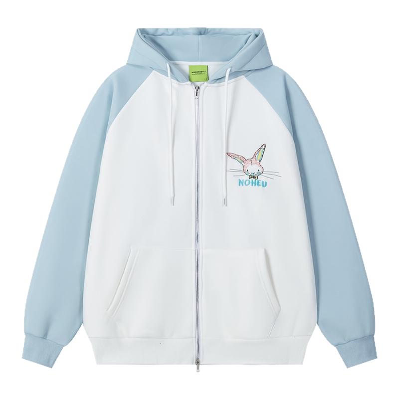 MoCreation 可爱兔子印花连帽开衫卫衣男女情侣宽松撞色拉链外套