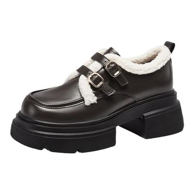 达芙妮加绒加厚棉鞋黑色小皮鞋