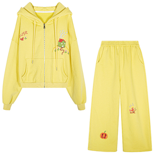 落落狷介 运动套装女2025新款两件套黄色连帽开衫卫衣+卫裤松紧腰