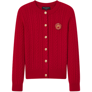 TeenieWeenie小熊女装毛针织衫26春新款复古优雅绞花金扣圆领开衫