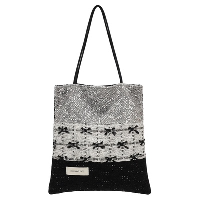 小众黑银蝴蝶结帆布单肩包大容量